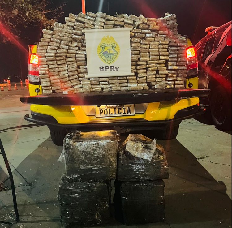 Cães farejadores da polícia encontram 199 kg de droga escondida em estepe de caminhão
