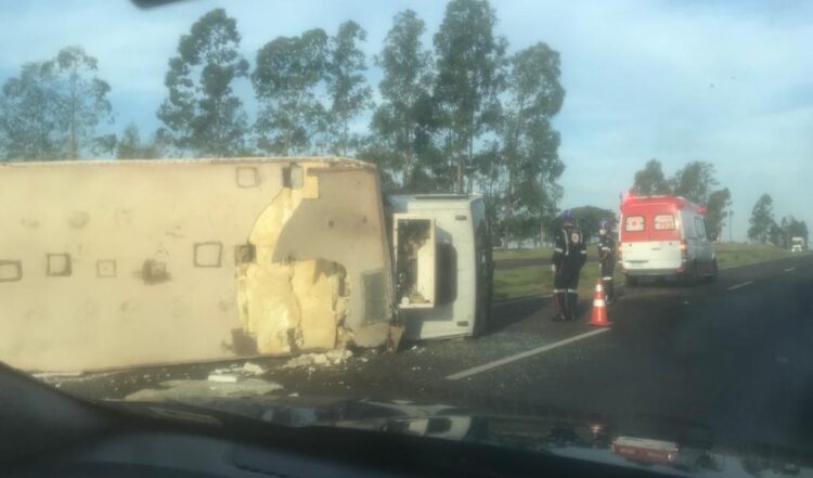 Caminhão carregado com suínos tomba na BR-376 em Alto Paraná
