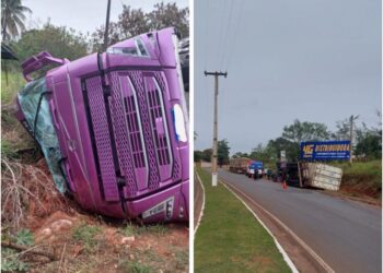 Caminhoneiro fica ferido após perder o controle e tombar carreta
