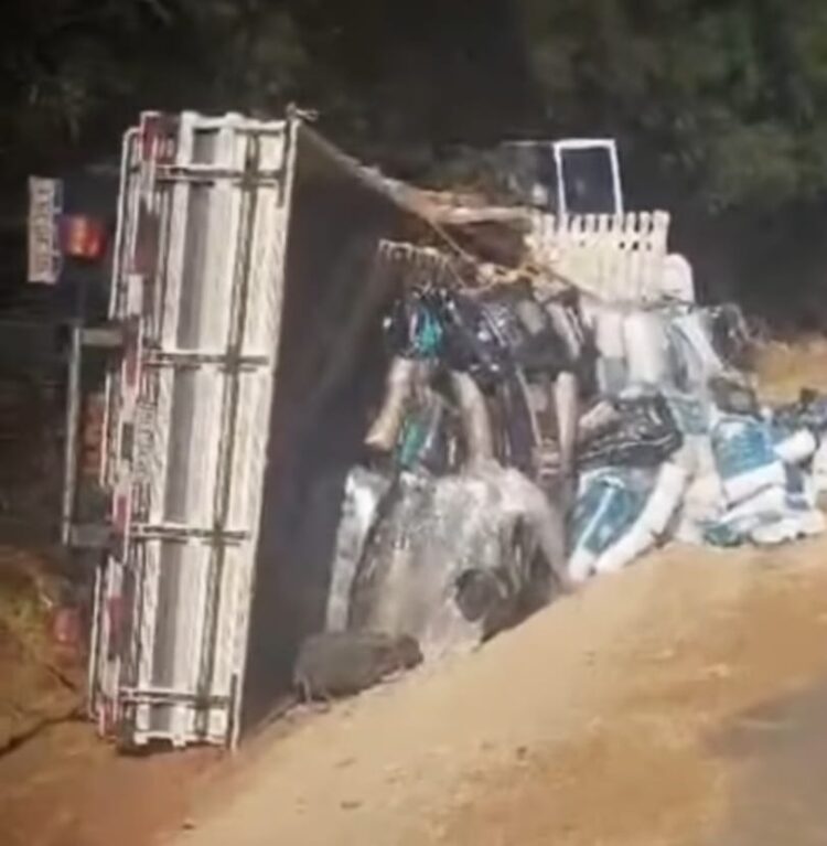 Caminhão carregado de ração animal tomba e deixa dois homens feridos em Rondon