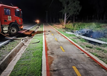 Colisão com bois e poste provoca incêndio em carro na PR-498