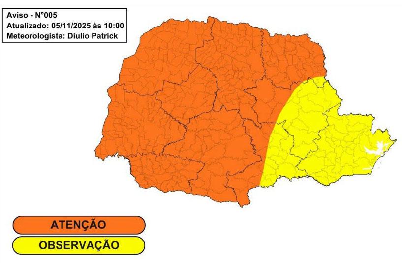 Noroeste está em área de atenção para possibilidade de temporais