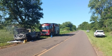 Caminhonete fica destruída após pegar fogo à margem da PR-492, em Tamboara